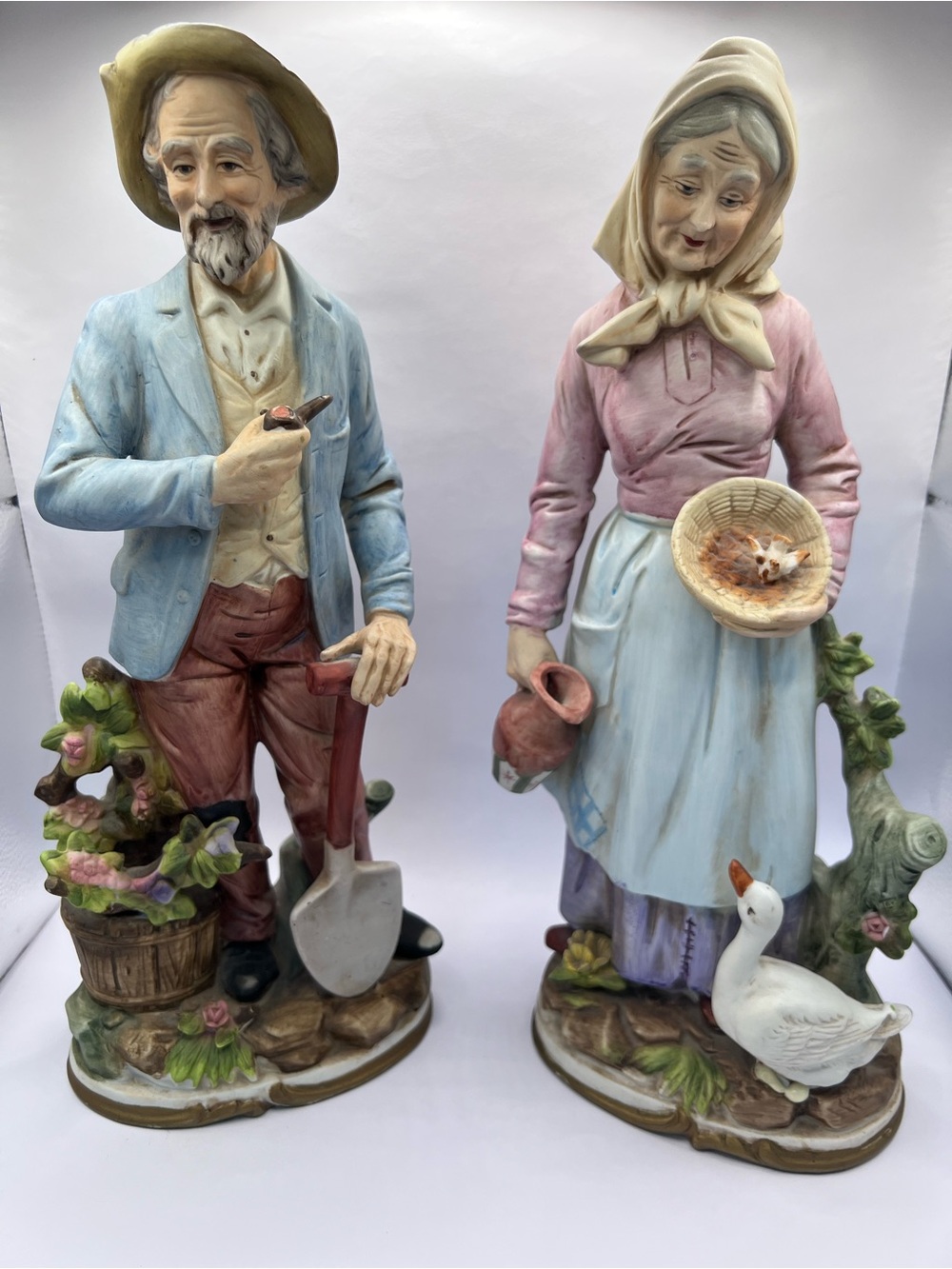 Vintage HOMCO Farmer Couple Figurines Garden Goose Porcelain Set of 2 Japan